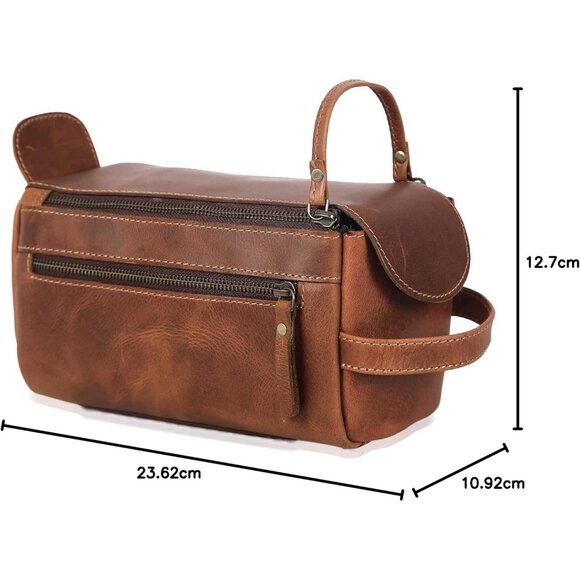 Unisex Orange Tan Premium Buffalo Leather Toiletry Bag Travel Shaving kit - Picture 10 of 10